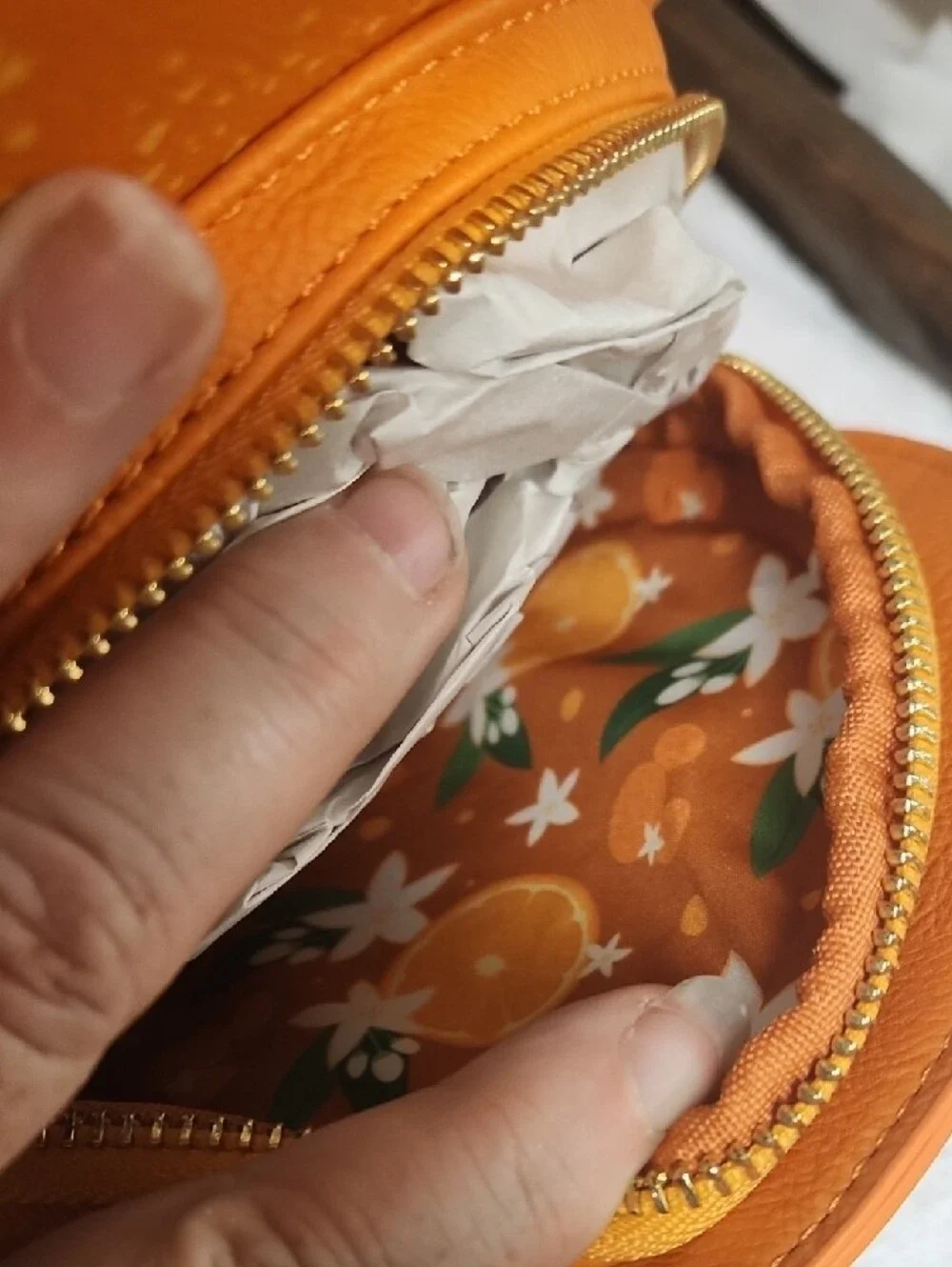 Loungefly Minnie Mouse Orange Citrus Mini Backpack with Green Leaf Bow Appliqué